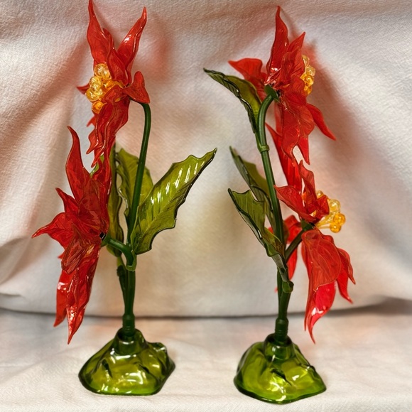 Vintage 60's Lucite Christmas Poinsettias Pair Red Green Glows C.K. Industries - Picture 8 of 12